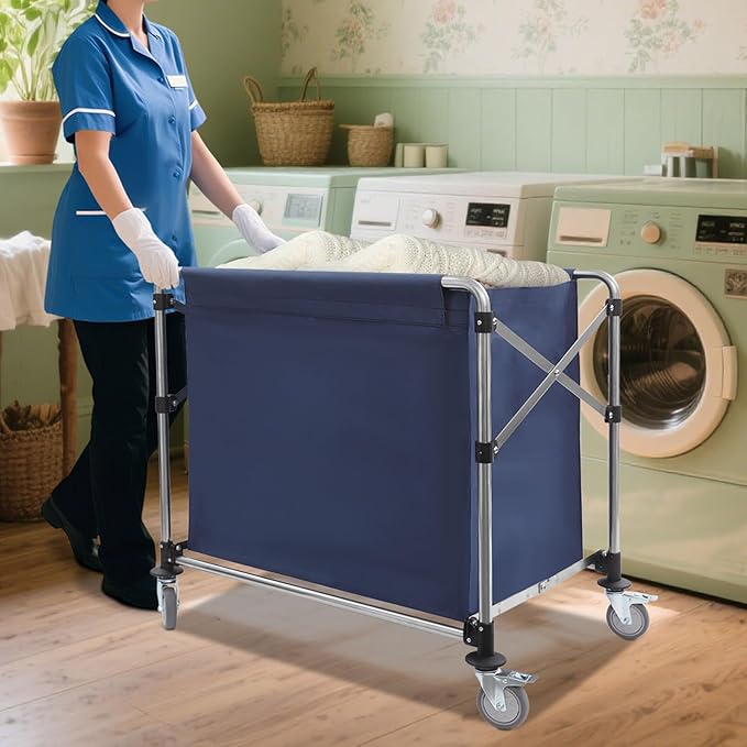 Commercial Laundry Cart with Wheels,Folding Laundry Hamper Cart,Heavy Duty Rolling Laundry Basket with Large Capacity,Laundry Sorter Trolley for Home Hotel Apartment (Blue, 35.43 * 23.62 * 34.65in)