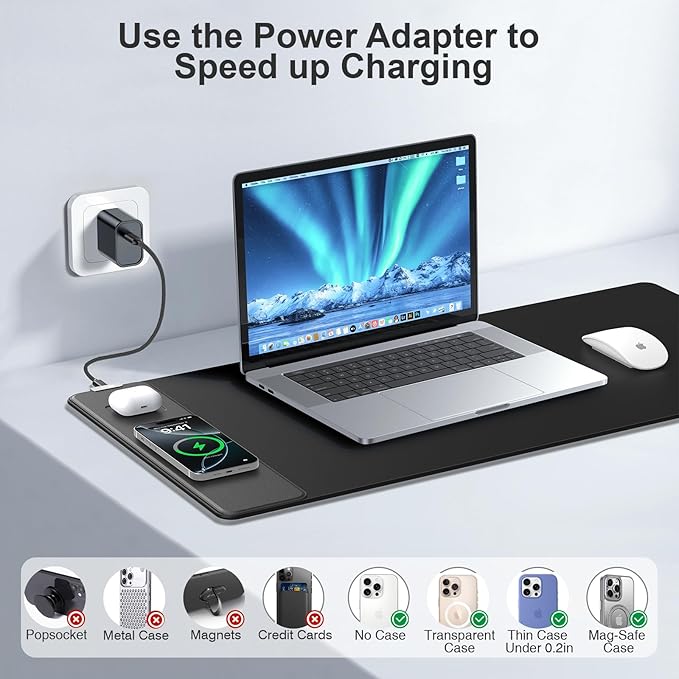 Magnetic Wireless Charging Mouse Pad, 31.5"x15.8" Large Gaming Desk Mat for Keyboard/Laptop, Non-Slip Base & 20W PD Adapter, Waterproof Ultra-Smooth Surface Mousepad for Gamer, Office & Home, Black