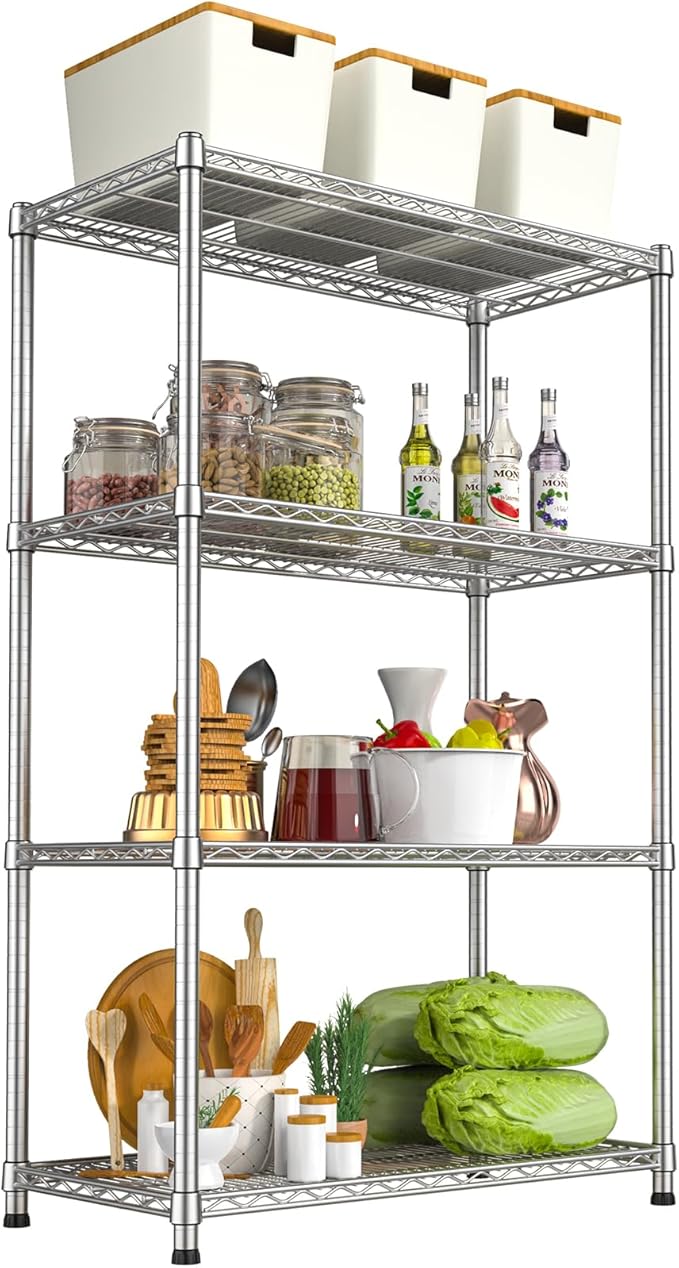4- Shelf Storage Shelves Metal Shelving Unit Adjustable 4 Tier Wire Shelving Rack Sturdy Steel Heavy-Duty 2200 LBS Organizer for Laundry Bathroom Kitchen Closet Pantry Basement Garage Utility Room