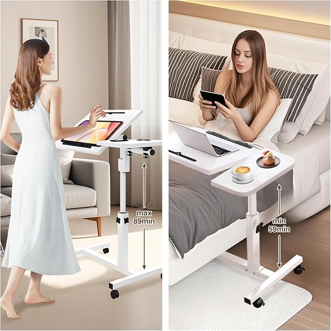 Overbed Table with Wheels Adjustable Height, Tiltable Desktop with Tray, Over Bed Table Rolling Bedside Tables, Medical Mobile Standing Desk, for Hospital Office Bedroom Sofa, White
