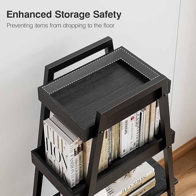 VECELO Ladder Shelf, 4-Tier Bookshelf with Enclosed Edges Design, Wooden Storage Rack Freestanding Bookcase for Living Room Home Office, Black