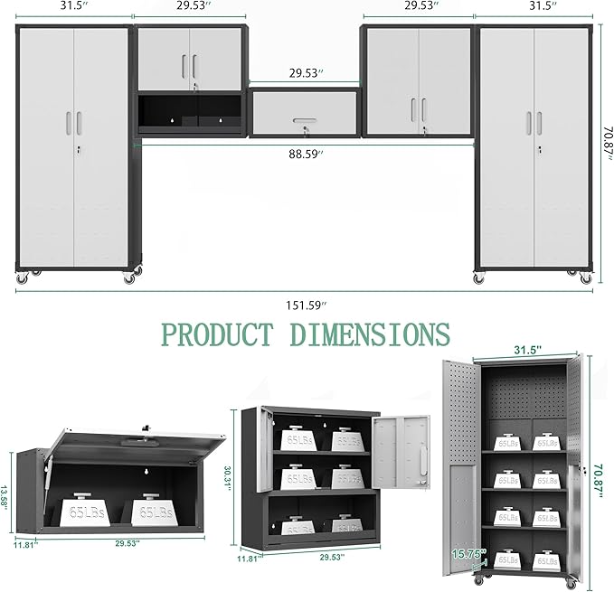 Metal Tool Cabinet,Garage Storage Cabinet System,Wall Cabinet & Locking Rolling Tool Cabinet with Doors and Adjustable Shelves,Steel Tool Cabinets for Home (5 Pcs-StyleA, Black & Grey)