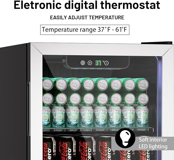 3.0 Cu.ft Beverage Refrigerator Cooler, 105 Can Mini Fridge with Glass Door, Digital Temperature Display for Soda, Beer or Wine For Office Bar with Adjustable Removable Shelves