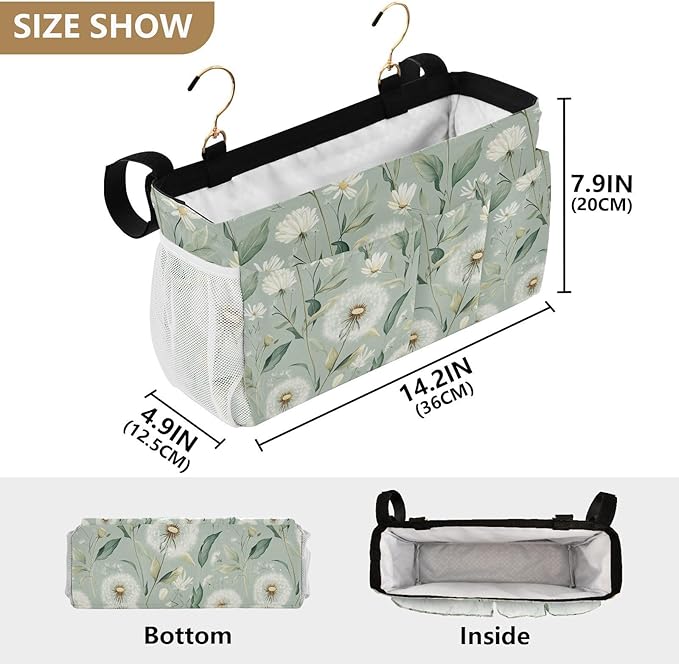 Sage Green Dandelion Bedside Caddy for Dorm Bed Bedside Hanging Caddy Bag Iron Frame Storage Organizer Pocket for Bunk Home College Hospital Beds 2 Hooks