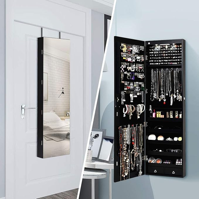 Giantex Wall Door Mounted Jewelry Armoire Cabinet with 47.5" H Full Length Mirror, 2 LEDs Lockable Jewelry Organizer Box with Bracelet Rod, 2 Drawers, Large Storage Capacity (Black)