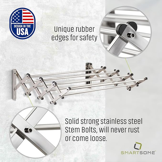 Smartsome | Wall Mounted | Clothes Drying Rack | 34" Wide | 22.5 Linear Feet Capacity | 8 Smooth Round Stainless Steel Rods | 60 lb Capacity | Fully Assembled | Compact Sturdy Space-Saving Design