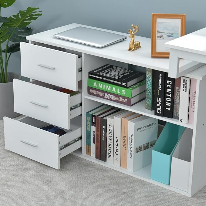 55 Inch Reversible L Shaped Desk with 3 Drawers, White Craft Desk with Storage, Corner Computer Escritorio with Shelves and Monitor Stand for Bedroom, White