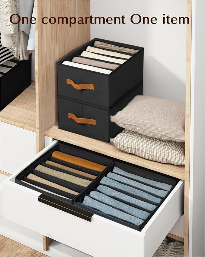 Clothes Organizers and Storage - 4/5/7 Grids Fabric Jeans Organizer with Handles, Foldable Closet Organizers Dividers, Wardrobe organizer for Pant, Sweater, T-shirt, Scarf, 3 Pack, Black