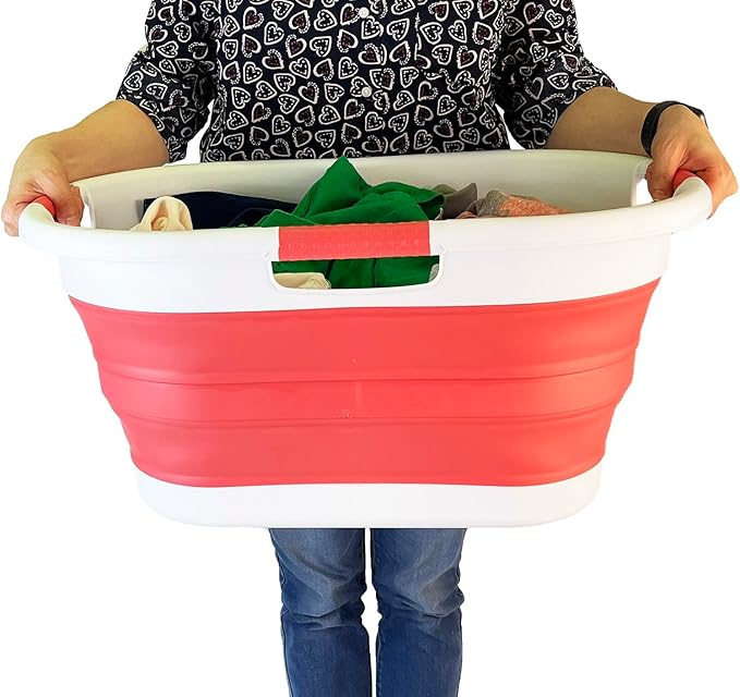 SAMMART 40L (10.5 gallon) Collapsible Plastic Laundry Basket - Foldable Storage Container- Portable Washing Tub - Space Saving Hamper (1, White/Coral Pink)