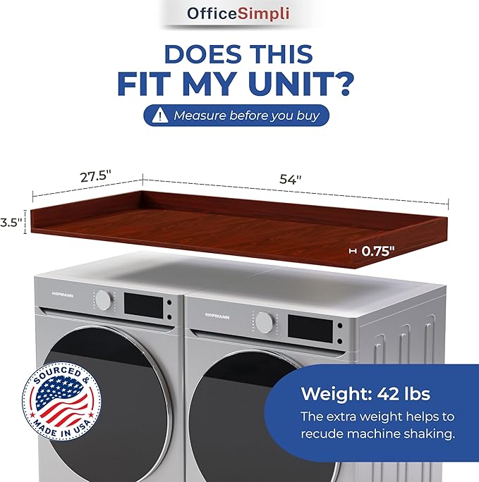 OfficeSimpli Washer Dryer Countertop, Made in USA, Non-Slip Pads, Laundry Room Wood Topper, Washer Dryer Cover for Top, Laundry Countertop, Laminate Finish (Mahogany, Standard (27.5" x 54"))