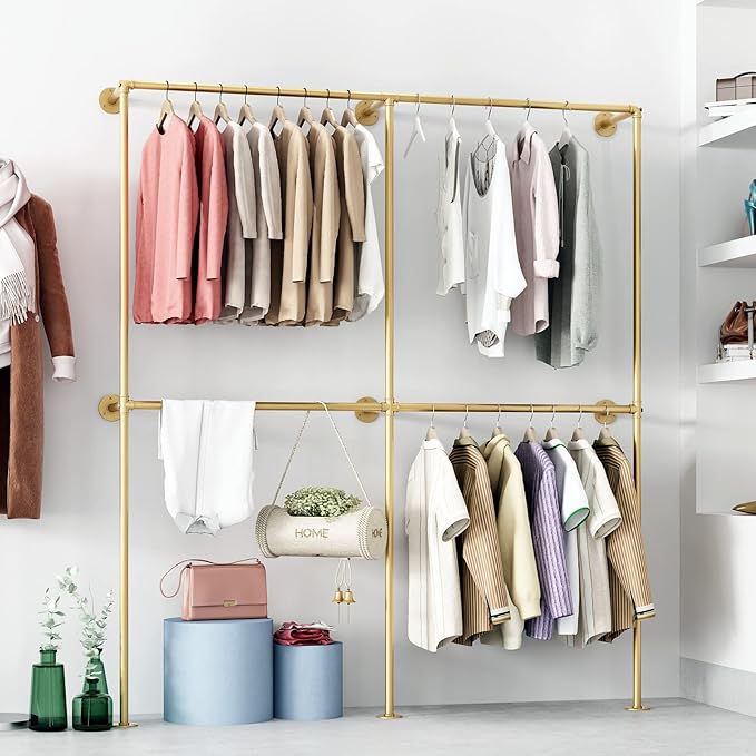 Gold Pipe Clothing Racks Wall Mount Gold Clothes Rack, Heavy Duty Industrial Pipe Clothes Racks Retail Display Hanging Rod for Closet Storage, Laundry Room
