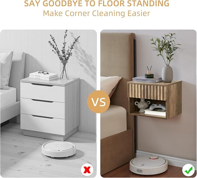 Floating Nightstand with Fluted Drawer - Modern Wall Mounted Bedside Table with Open Storage Shelf, Small Night Stand TV Stand for Bedroom(Rustic Brown, Set of 2)
