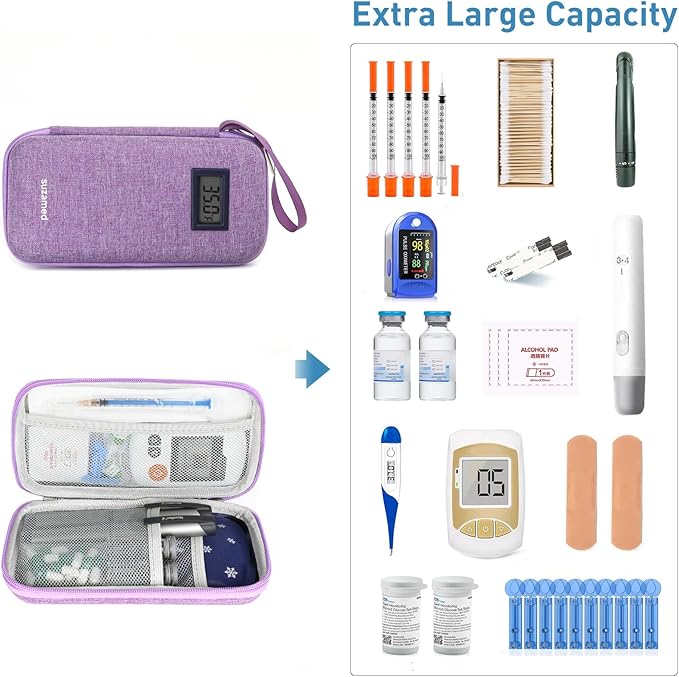 Insulin Cooler Travel Case,EVA Insulation Travel Medicine Kit with Temperature Display for Diabetes Care,Insulin Pen and Other Diabetic Supplies (Purple-Temp)