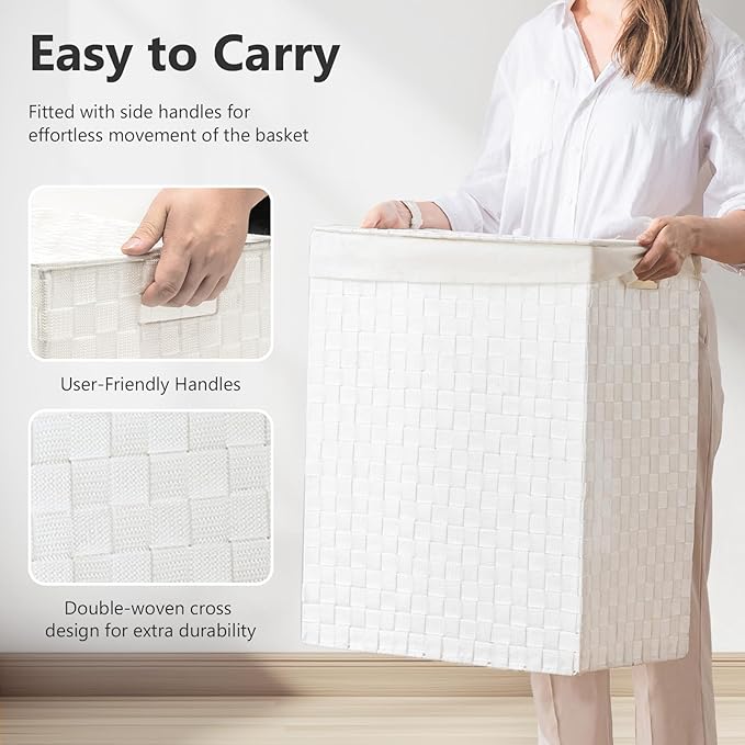 Foldable Laundry Hamper Basket with Lid by Fiona's magic, Handwoven 96L Large Clothes Hamper with Removable Liner Bags, Collapsible Tall Hamper for Bedroom, Bathroom and Dorm Organizer, 2Pack, White