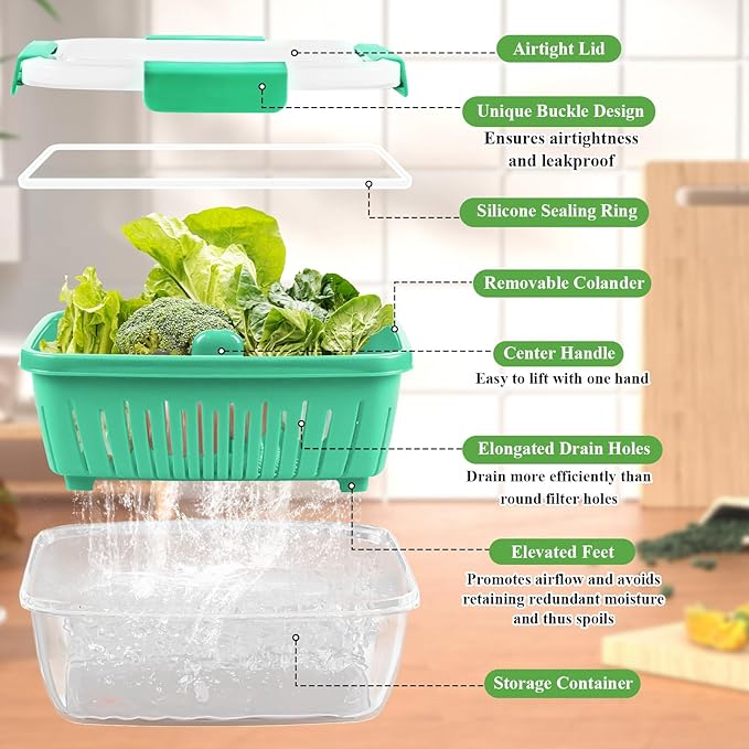 68oz Berry Keeper Fruit Storage Container for Fridge, Fresh Food Produce Saver Containers with Removable Drain Colanders, Vegetable Lettuce Keeper Bowl, Refrigerator Organizer, PRESS TO OPEN CLOSE LID
