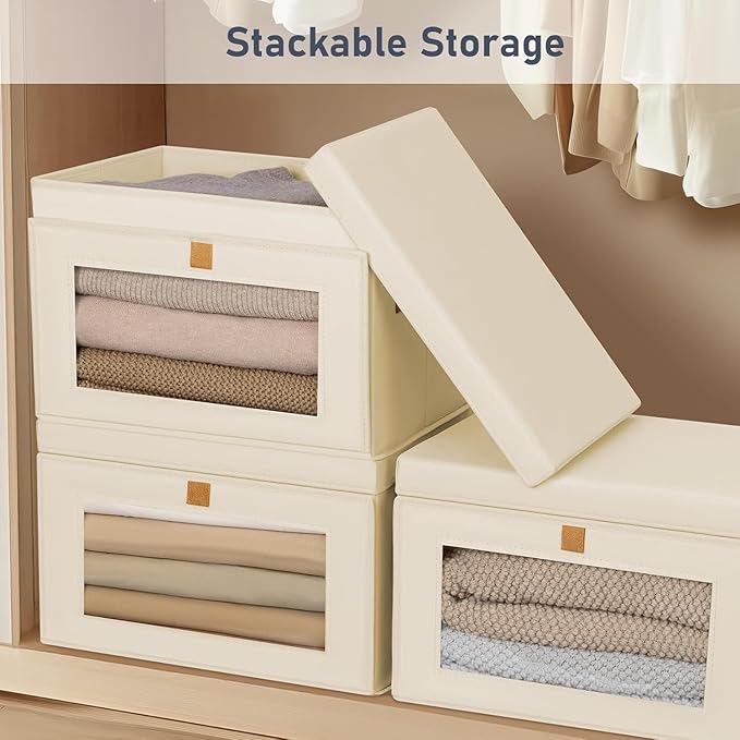 DIMJ Storage Bins with Lids - 4 Pack Large Fabric Closet Organizer with Window & Handles, Collapsible Decorative Storage Boxes for Shelves Under Bed, Books Clothes Blankets Sweaters Organization
