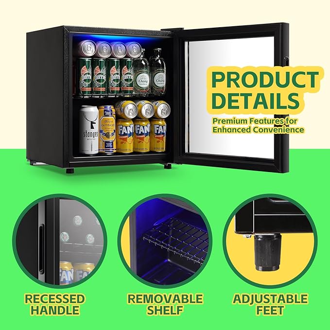 WANAI Beverage Refrigerator Cooler 1.6 Cu.Ft Freestanding Beer Fridge with Glass Door LED Light and Adjustable Shelf for Soda or Wine, Perfect for Home Bar Office