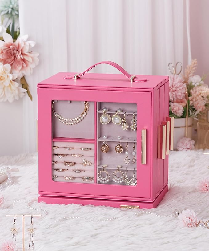 Homde Christmas Gifts Jewelry Box 360° Rotating, Necklace Earring Organizer with Transparent Window, Mirror, 7 Drawers, Large Ring Display Storage Case for Girls Women (Pink)