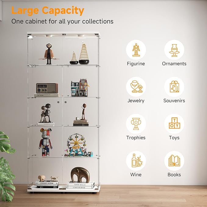 5-Tier Tempered Glass Display Cabinet with Lights, Curio Cabinet with Glass Doors and Lock, Glass Display Case for Collectibles, for Living Room Bedroom Office, Double Door, White