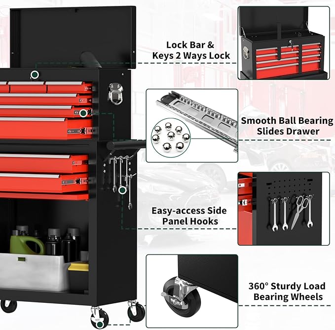 8-Drawer Heavy Duty Tool Chest with Wheels - Industrial Rolling Tool Box, Lockable Drawers & Smooth Glide System for Mechanics, Garage, Auto Repair Shop(BlackRed)