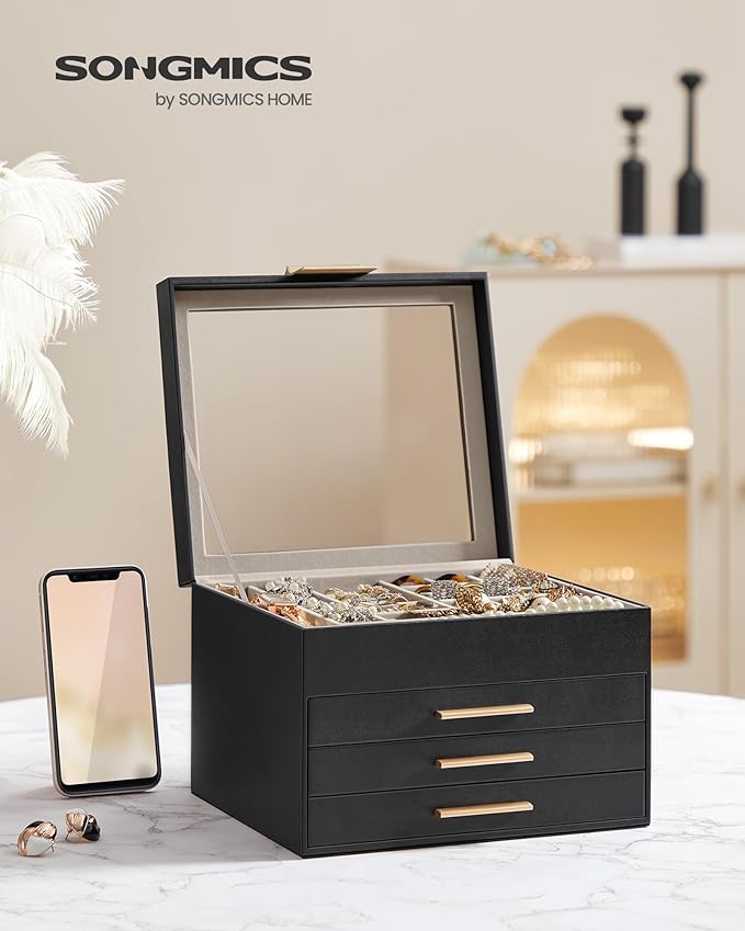 SONGMICS Jewelry Box Organizer with Glass Lid, 4-Layer Jewelry Storage, with 3 Drawers, Modern Style, Christmas Gift, 8 x 9.1 x 6.5 Inches, Graphite Black and Gold Color UJBC173B01
