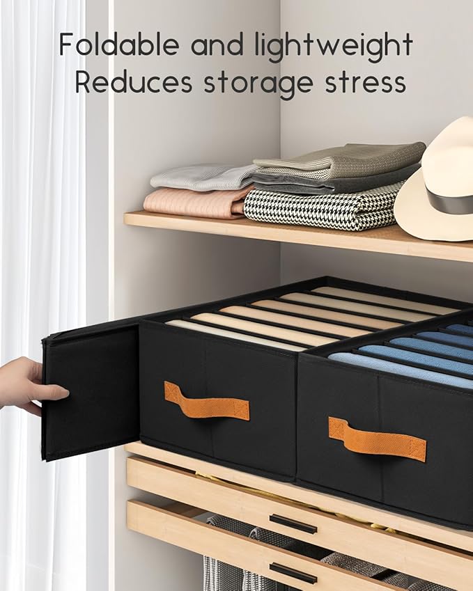 Closet Organizers and Storage - Fabric Clothes Organizer with Handles, Foldable Jeans Organizer for Clothes, Drawer Organizer for Shirts, Bra, Sweater, Scarf, 6 Pack, Black