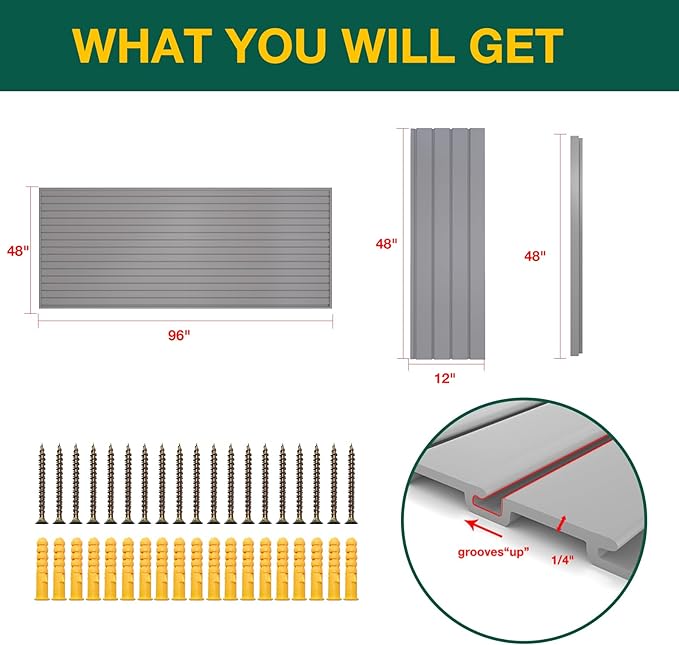 Yuzzy Slat Wall Paneling 4 x 8ft, Garage Slatwall Panel Wall Storage Systems, Heavy Duty PVC Garage Wall Organization (Gray)