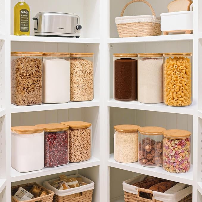 ComSaf 3.6Qt Glass Food Storage Containers, Cereal Storage Containers with Airtight Lids, Large Square Glass Jars with Bamboo Lids, for Rice, Pasta, Oats, Grains, Coffee Beans