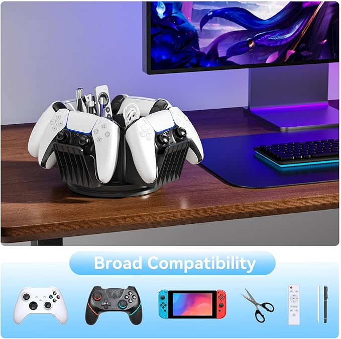 KDD Controller Organizer for Desktop - 360°Rotatable Controller Holder with Storage Box - Universal Stand for 4 Controllers, Desk Organizer for Switch Remote Control Pen Gamer Accessories