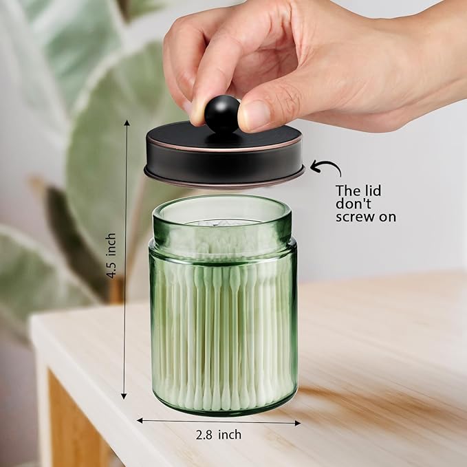 Amolliar Sage Green Qtip Holder, Glass Apothecary Jar Metal Lid & Stickers, Bathroom Qtip Holder Storage Canister, Farmhouse Decor for Cotton Balls, Swabs, Makeup Pads, Bath Salt, Floss, ORB 4 Pack
