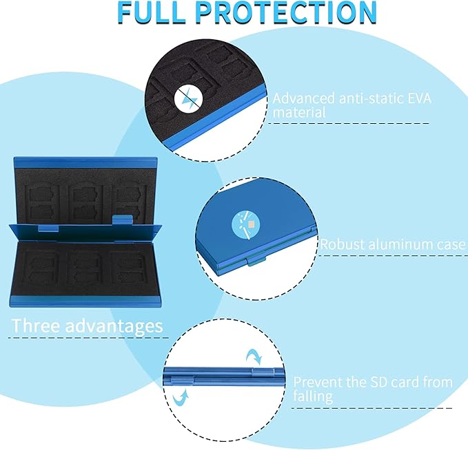 SD Card Holder, SD Card Case, LAVILI CF Memory Card Holder Case Aluminum Alloy Hard Shell, Double-Layer Capacity for 6SD Cards and 12 TF Cards Blue Color