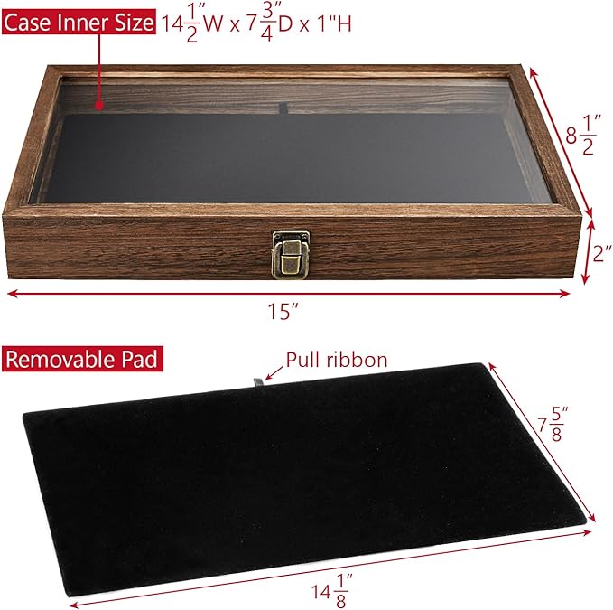 MOOCA 2 Pcs Wooden Jewelry Display Case Tempered Glass Top Lid, Gemstone Display Case, Pocket Knife Case with Metal Clasp & Removable Black Luxurious MDF Velvet Jewelry Pad, Brown Color