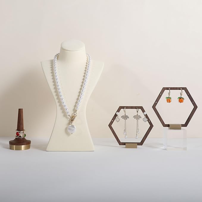 GemeShou 3pcs Wooden stud earring organizer holder, walnut earring hangers with brass base, Small Cute earring display for selling with 9 holes for each【Hexagon frame-3pcs】
