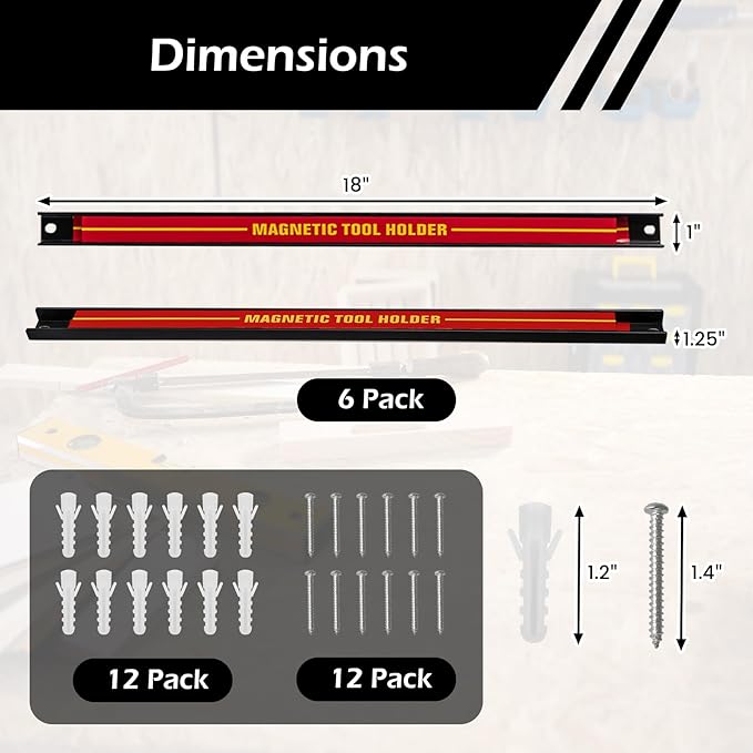 18" Magnetic Tool Holder Strip, 6 Pack Magnet Bar with Mounting Screws, Heavy Duty Magnetic Strips Tool Organizer for Garage Shop Workbench Kitchen Organization (Red)