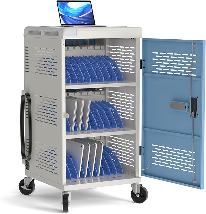 Fully Assembled 30 Unit Multi Device Charging Station for Chromebook, iPad, 14'' Laptop - Pre Built Computer Charging Cart with Charger Cable Management, Circuit Breaker, Grounding Protection (Gray)