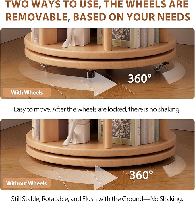 Solid Wood Rotating Bookshelf on Wheels, 5 Tier, Round Revolving Bookcase, 360° Spinning Book Shelf Tower for Kids, Narrow Rolling Bookshelves for Small Space, Corner, Bedroom, Office, Natural