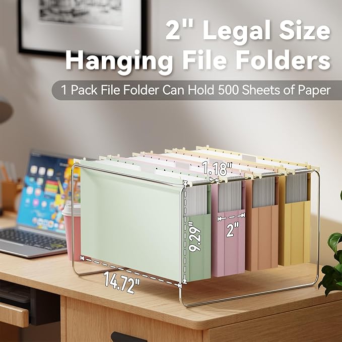 Ansook Extra Capacity Hanging File Folders Legal Size,12 Pack Pastel Colors File Cabniet Folder,Heavy Duty 2" Expansion Hang Folders,Plastic Hanging File Organizer for Office Home File Frame Box