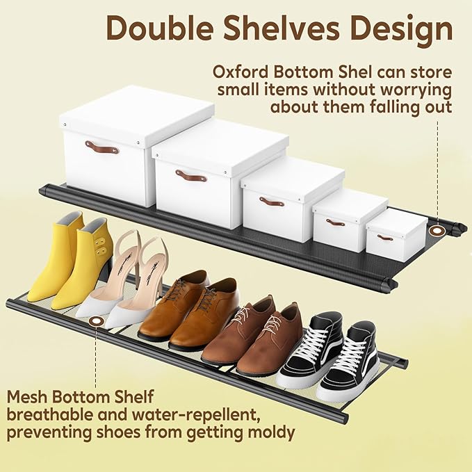 Double Rod Clothing Rack Heavy Duty with Oxford and Mesh Bottom Shelves, Garment Racks for Hanging Clothes, Portable Wardrobe Rack, Metal Clothes Rack Sturdy Coat Rack for Bedroom Laundry Living Room