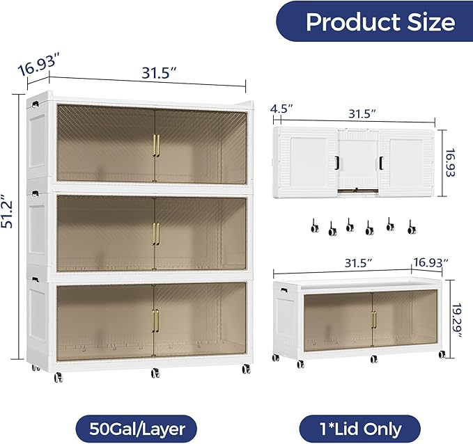 150 Gallon Extra Large Collapsible Storage Bin with Lid, 960QT Stackable Plastic Organizer with 6x Wheels, Foldable Drawer Cabinet for Closet, Living Room Office, Kitchen 3Pack, White