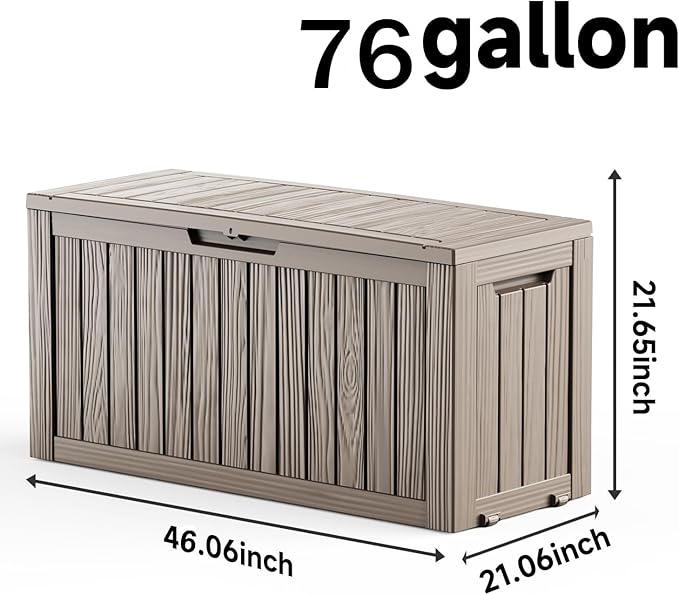 76 Gallon Outdoor Deck Box,Storage Lockable Waterproof Patio Furniture,Garden Tools,Cushions,Pool Accessories Outside Storage Resin Box(Grey)