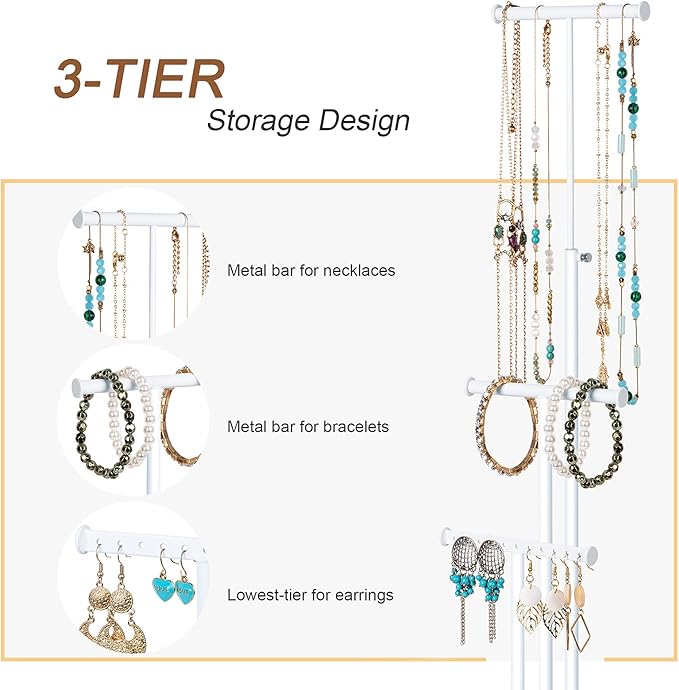 Love-KANKEI Jewelry Tree Stand White Metal and Wood Base Large Storage Jewelry Organizer for Necklaces Bracelets Earrings Holder Organizer Jewelry Display Gift White and White