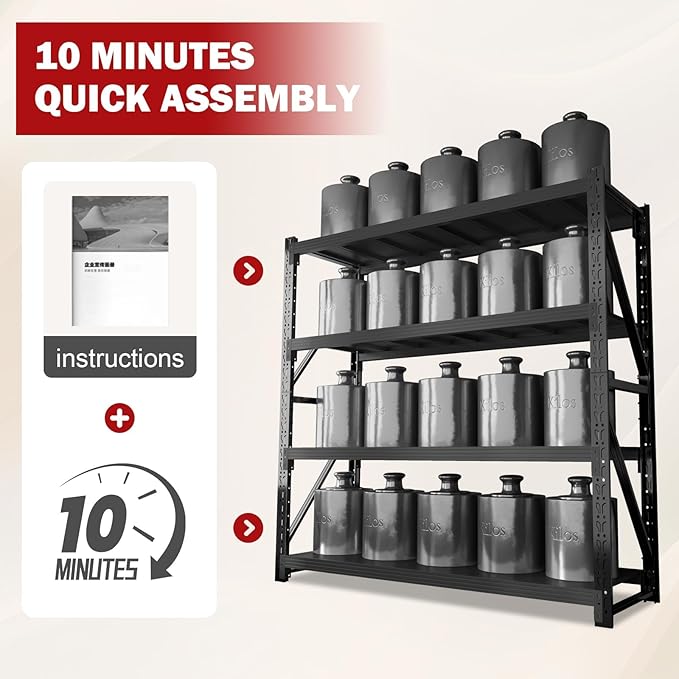 59” W Storage Shelves, 5000LBS Garage Shelving Heavy Duty, 4-Tier Adjustable Metal Storage Shelves, Steel Industrial Shelving Unit, Metal Shelving for Garage, Basement, Warehouse (Black, 59x24x79in)