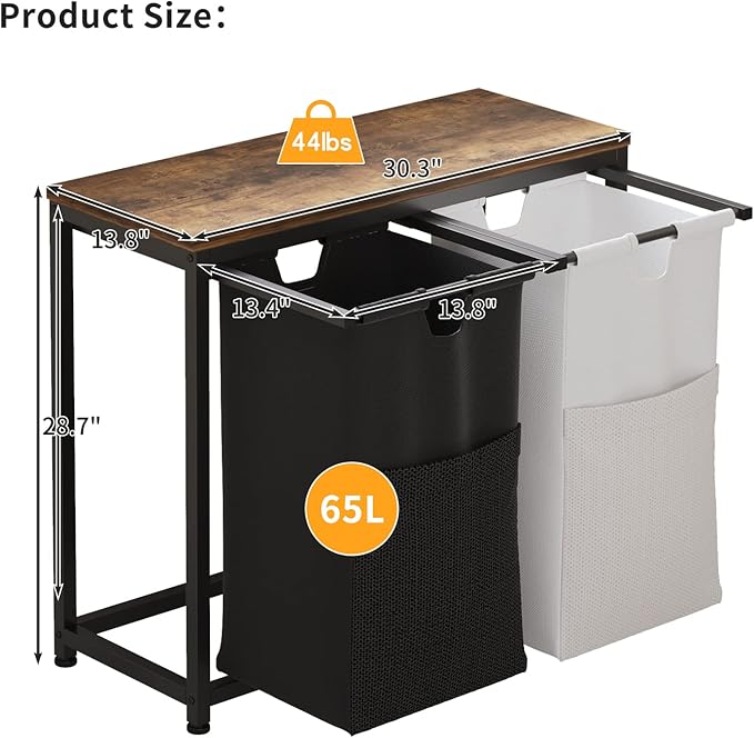 Laundry Basket Double Laundry Hamper with Removable Bags, Fabric Handles, Large Top Shelf and Laundry Bag for Bathroom, Dorm, Laundry Room