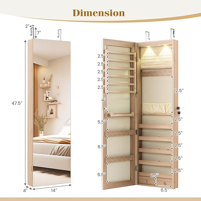 Giantex Wall or Door Mounted Jewelry Armoire with 47.5" Full Length Mirror, Lockable Cabinet with 2 LED Lights, 2 Drawers, Over the Door Large Jewelry Storage Organizer (Light Oak)