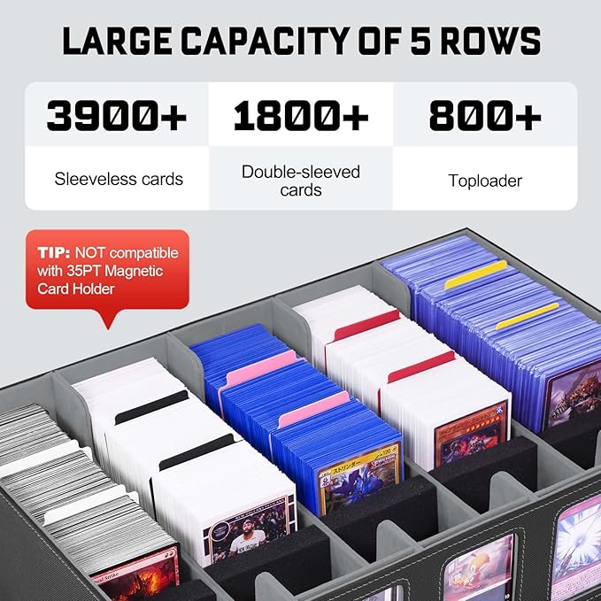 ZLCA Trading Card Storage Box 5-Row with Handle, MTG Storage Box Holds 3900+ Cards with Commander Display, Top Loaders Organizer Case for TCG PTCG Sport Card(Black)