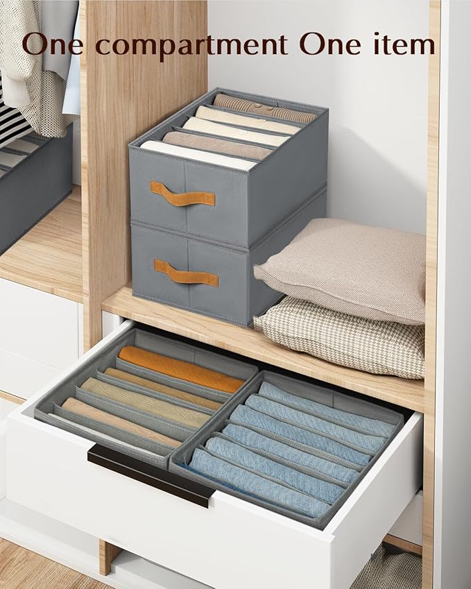 Clothes Organizers and Storage - 4/5/7 Grids Fabric Jeans Organizer with Handles, Foldable Closet Organizers Dividers, Wardrobe organizer for Pant, Sweater, T-shirt, Scarf, 3 Pack, Pale Grey