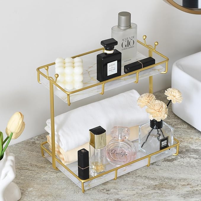 Bathroom Counter Organizer Makeup Organizer 2 Tier Vanity Tray Dresser Stainless Steel Gold Shelf