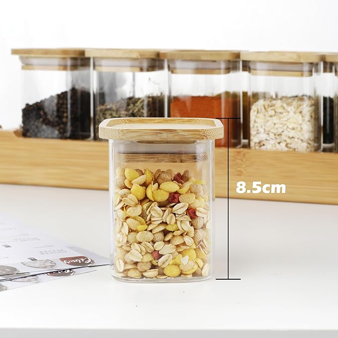 LIBWYS 12pcs Stackable Spice Jars, Square Spice Bottles with Bamboo Lid, 6.8oz Empty Glass Spice Jars with Labels, Seasoning Containers for Spice Rack, Cabinet, Drawe