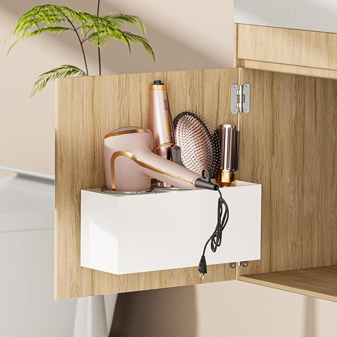 Hair Tool Organizer Acrylic: Hair Dryer Holder Wall Mount - Blow Dryer Holder Cabinet Door - Bathroom Countertop Organizer for Curling iron Hot Styling Tools Flat Iron - White
