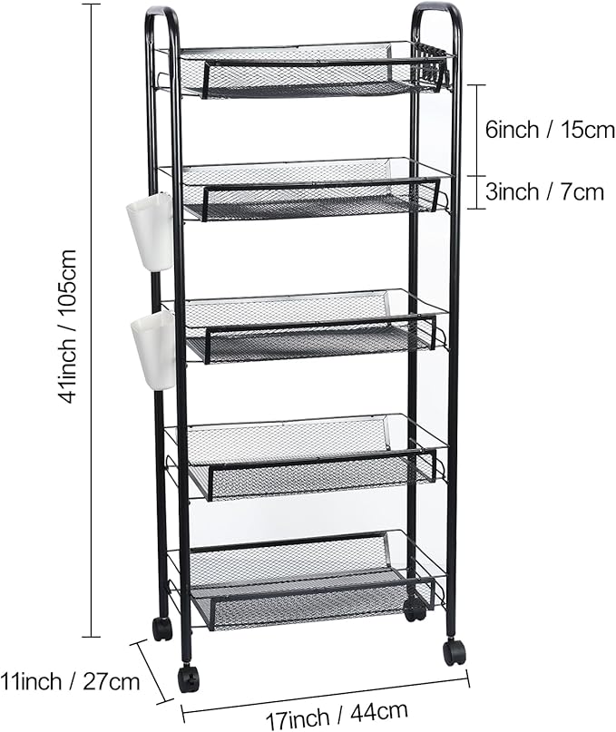 Fruit and Vegetable Basket Bowls for Kitchen, 5 Tier Stackable Metal Mesh Storage Basket with 360 Degree Wheels, Fruit Vegetable Produce Basket Storage Organizer, for Kitchen, Pantry, Bathroom(Black)